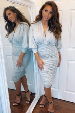 Silver Ruched Bat Wing Sleeve Midi Dress