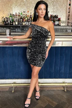 Silver Velvet Sequin One Shoulder Mini Dress