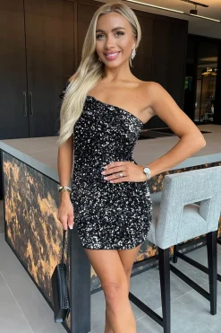 Silver Velvet Sequin One Shoulder Mini Dress