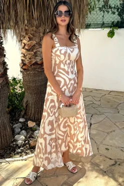 Stone And Cream Abstract Print Shirred Straps Button Detail Midi Dress