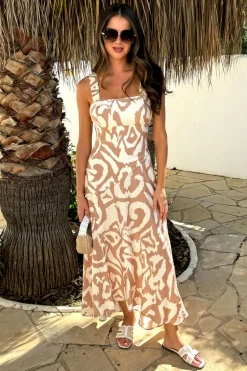 Stone And Cream Abstract Print Shirred Straps Button Detail Midi Dress