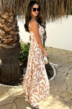 Stone And Cream Abstract Print Shirred Straps Button Detail Midi Dress