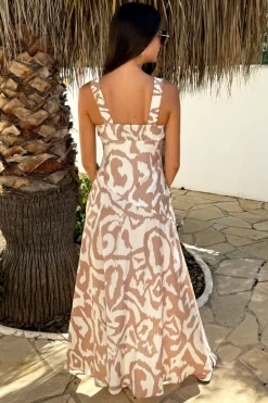 Stone And Cream Abstract Print Shirred Straps Button Detail Midi Dress