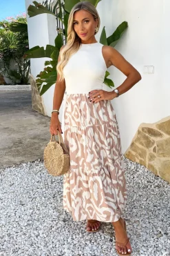 Stone And Cream Abstract Print 2 In 1 Smock Midi Dress