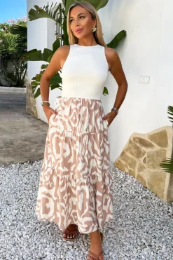 Stone And Cream Abstract Print 2 In 1 Smock Midi Dress