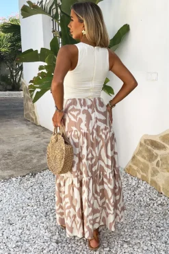 Stone And Cream Abstract Print 2 In 1 Smock Midi Dress