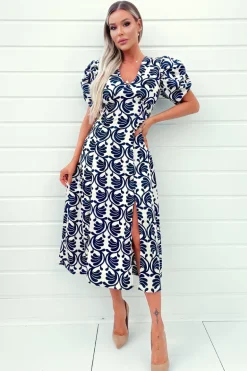 Stone And Navy Printed Short Puff Sleeve V Neck Midi Dress