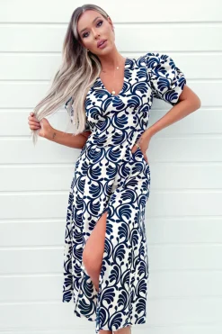 Stone And Navy Printed Short Puff Sleeve V Neck Midi Dress