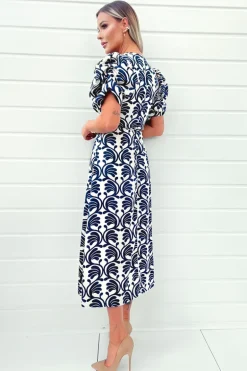 Stone And Navy Printed Short Puff Sleeve V Neck Midi Dress