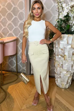 Stone Belted Cargo Midi Skirt