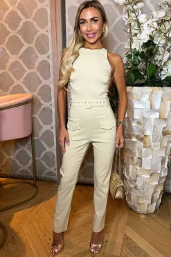 Stone Belted High Neck Cargo Jumpsuit