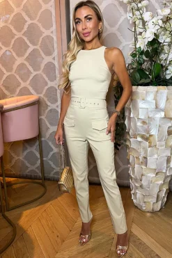 Stone Belted High Neck Cargo Jumpsuit