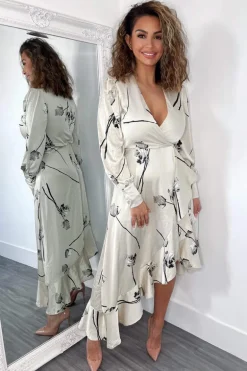 Stone Floral Printed Wrap Over Long Sleeve Dress