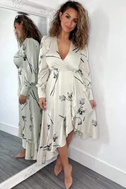 Stone Floral Printed Wrap Over Long Sleeve Dress