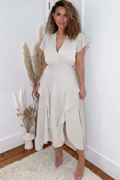 Stone Frill Detail Double Split Skirt Midi Dress