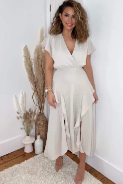 Stone Frill Detail Double Split Skirt Midi Dress