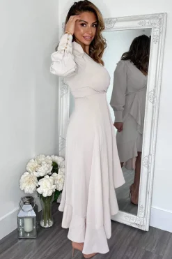 Stone Long Sleeve Frill Wrap Midi Dress