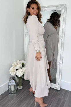 Stone Long Sleeve Frill Wrap Midi Dress