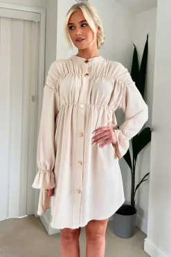 Stone Long Sleeve Gathered Detail Button Front Dress