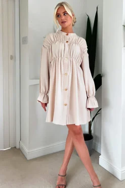 Stone Long Sleeve Gathered Detail Button Front Dress