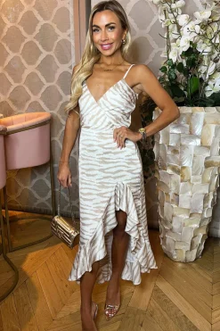 Stone Printed Frill Hem Strappy Midi Dress