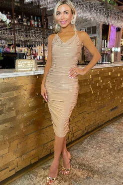 Stone Tie Halter Neck Ruched Midi Dress