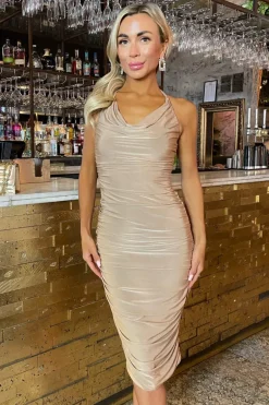 Stone Tie Halter Neck Ruched Midi Dress