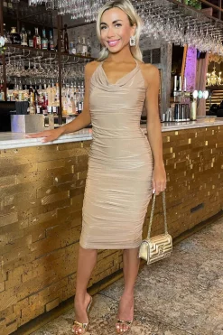 Stone Tie Halter Neck Ruched Midi Dress