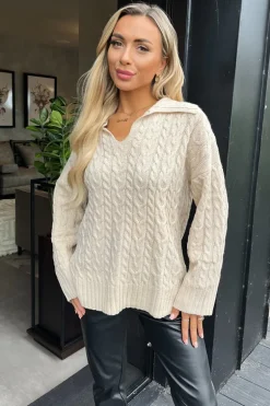 Stone V- Neck Collared Cable Knit Jumper