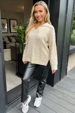 Stone V- Neck Collared Cable Knit Jumper