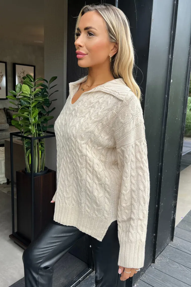 Stone V- Neck Collared Cable Knit Jumper