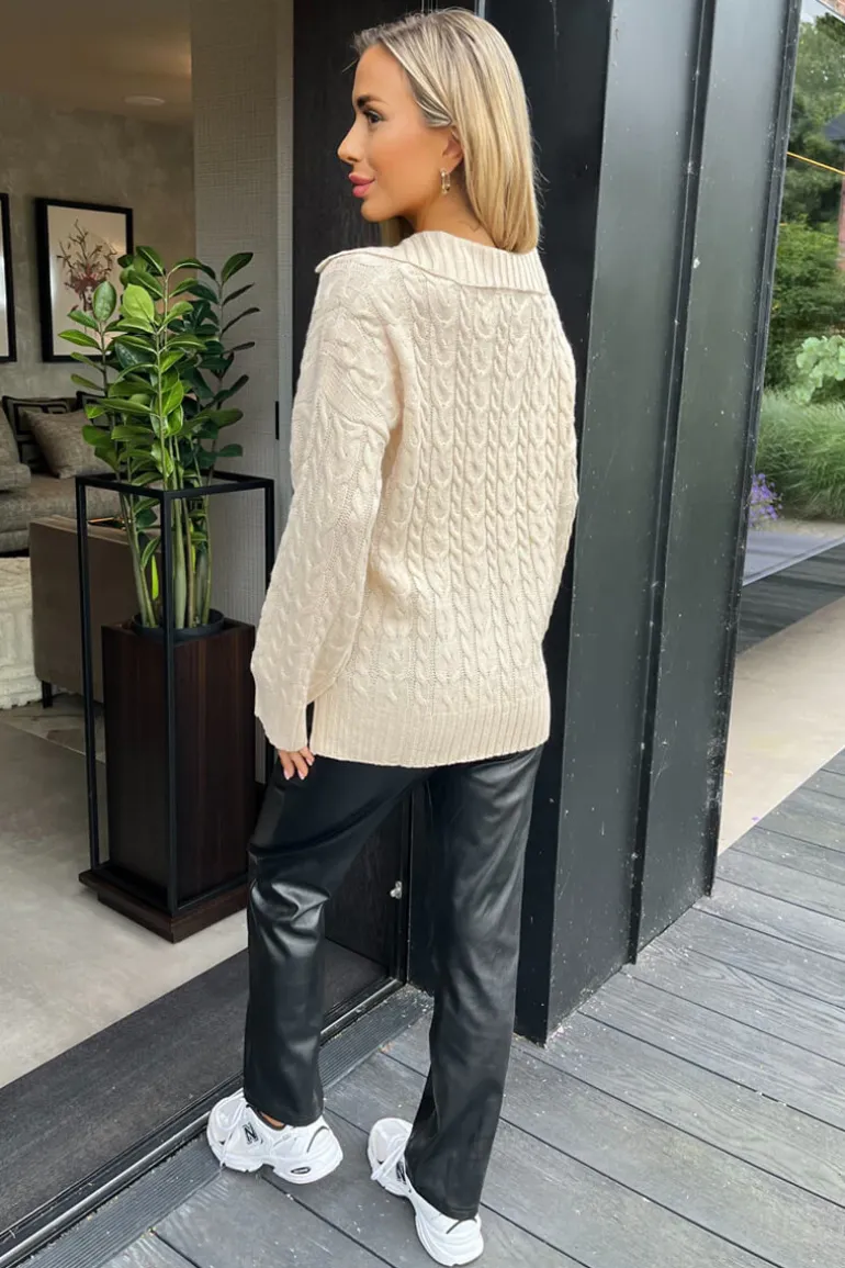 Stone V- Neck Collared Cable Knit Jumper