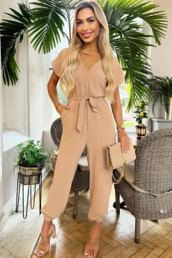 Stone V-Neck Short Sleeve Belted Elasticated Cuff Jumpsuit