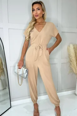 Stone V-Neck Short Sleeve Belted Elasticated Cuff Jumpsuit