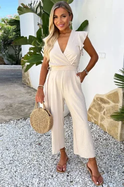 Stone Wrap Top Flutter Sleeve Belted Jumpsuit