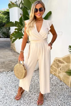 Stone Wrap Top Flutter Sleeve Belted Jumpsuit