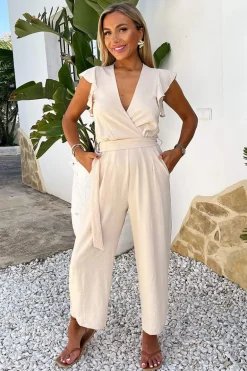 Stone Wrap Top Flutter Sleeve Belted Jumpsuit