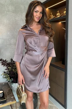 Taupe 3/4 Sleeves Gathered Waist Detail Satin Mini Dress
