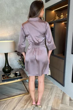 Taupe 3/4 Sleeves Gathered Waist Detail Satin Mini Dress