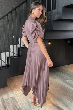 Taupe High Neck Puff Sleeve Zig Zag Hem Pleated Midi Dress