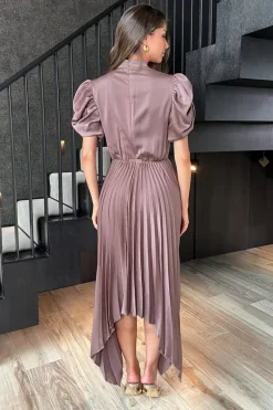 Taupe High Neck Puff Sleeve Zig Zag Hem Pleated Midi Dress