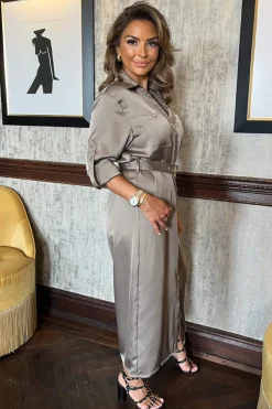 Taupe Satin Belted 3/4 Sleeve Gold Buttons Shirt Midi Dress