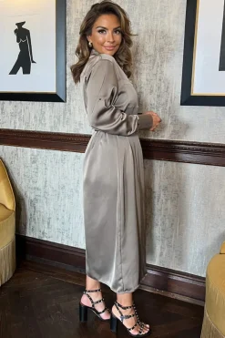 Taupe Satin Belted 3/4 Sleeve Gold Buttons Shirt Midi Dress