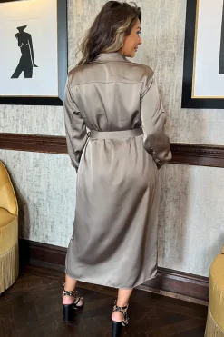 Taupe Satin Belted 3/4 Sleeve Gold Buttons Shirt Midi Dress