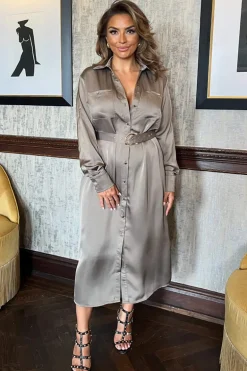 Taupe Satin Belted 3/4 Sleeve Gold Buttons Shirt Midi Dress