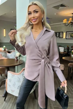 Taupe Satin Tie Waist Wrap Shirt