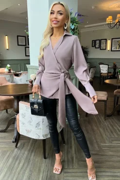 Taupe Satin Tie Waist Wrap Shirt