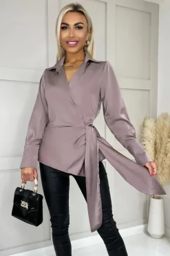 Taupe Satin Tie Waist Wrap Shirt