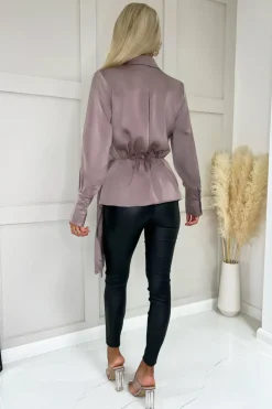 Taupe Satin Tie Waist Wrap Shirt