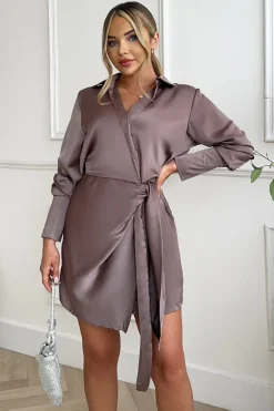 Taupe Satin Wrap Long Sleeve Mini Dress